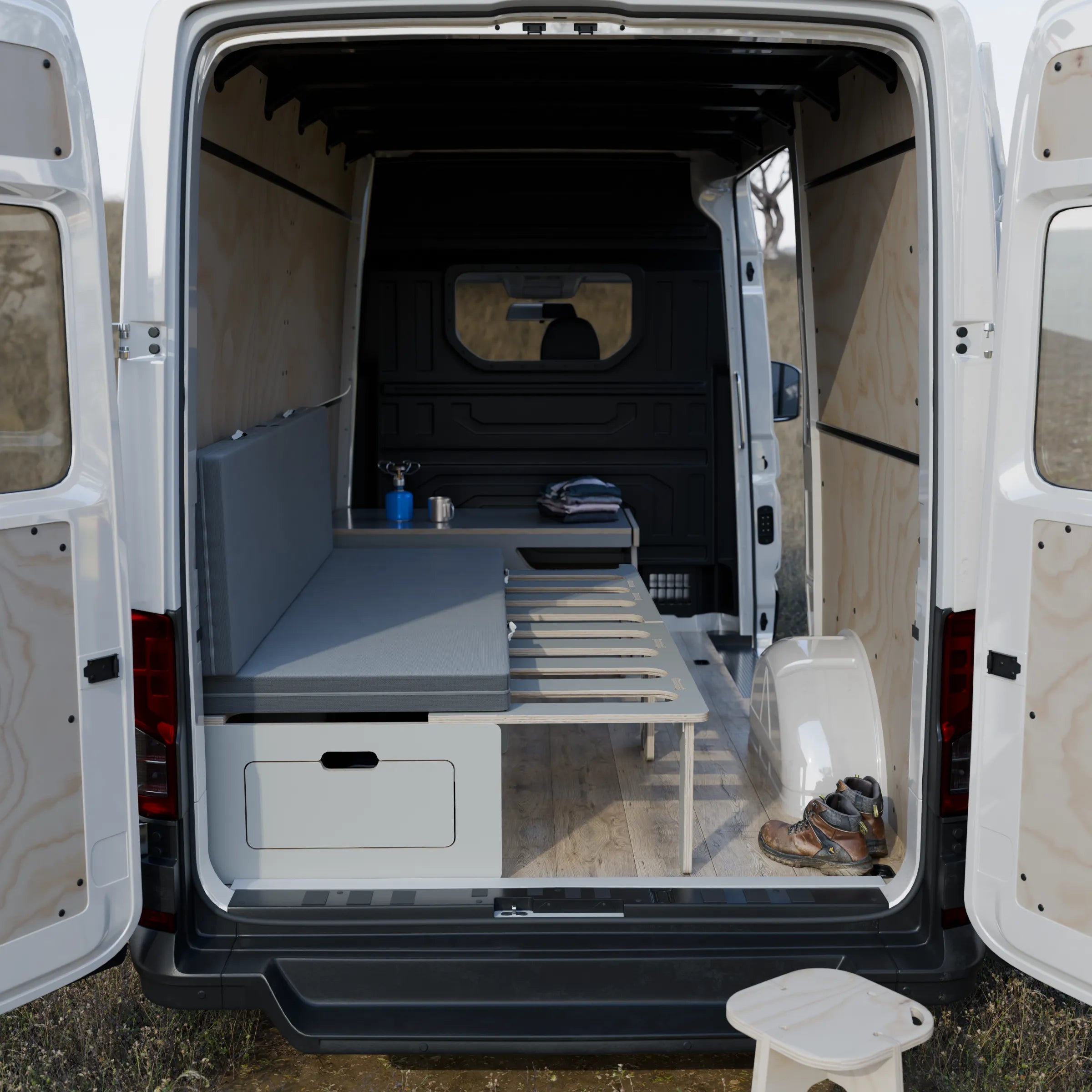 Muebles camper Montgó Evo gris - vista lateral furgoneta