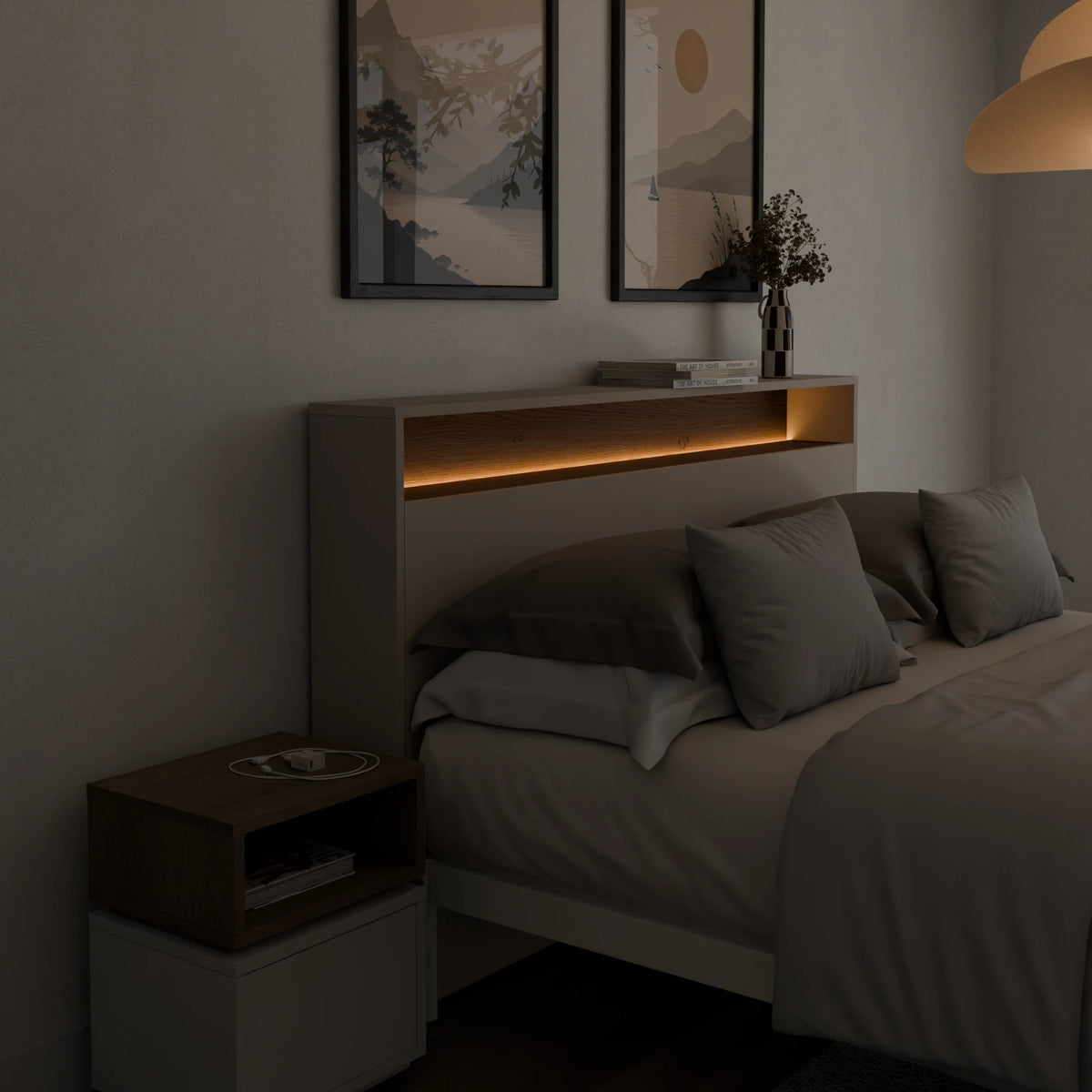 Cabecero Oasis con LED a medida en Cashmere y Cannolo - vista tres cuartos