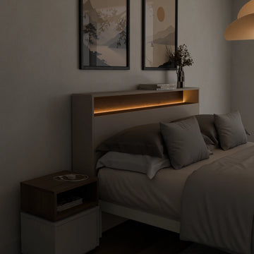 Cabecero Oasis con LED a medida en Cashmere y Cannolo - vista tres cuartos